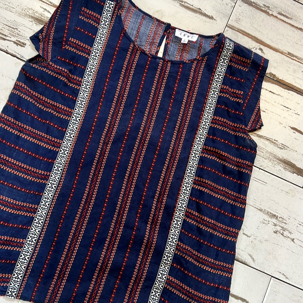 THML Navy Blue and Rust Striped Short Sleeve Top